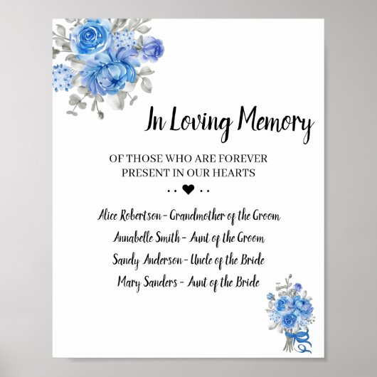 Poster Panneau de mariage Fleurs Bleues En Souvenir Affec (Devant)