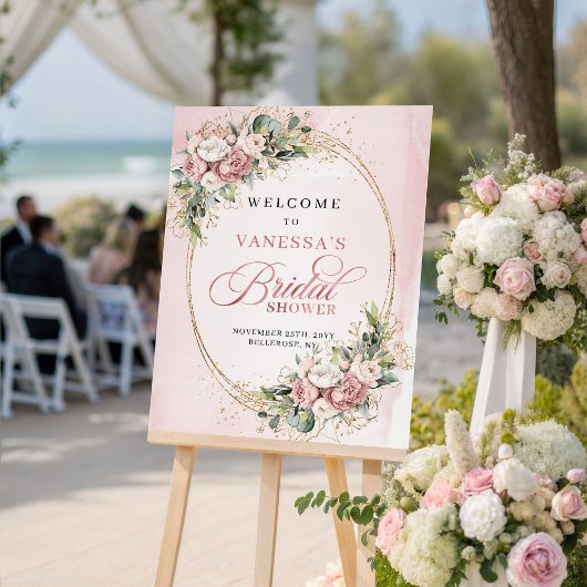 Poster Panneau de Mariage Fleurs de Rose Dorée Élégantes