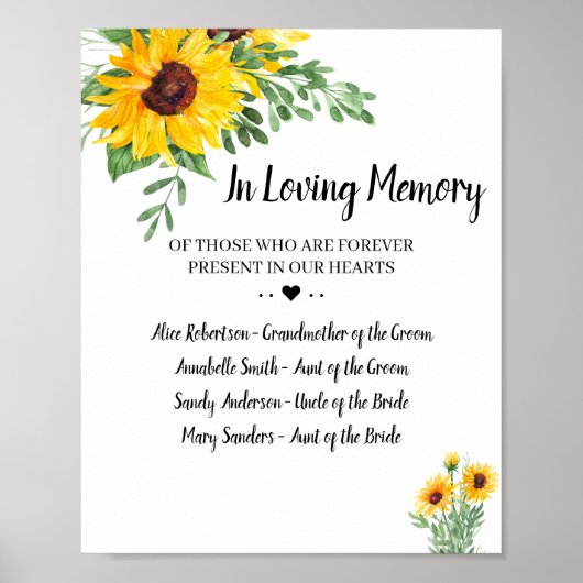 Poster Panneau de mariage Fleurs de tournesol en souvenir (Devant)