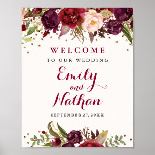 Poster Panneau de mariage floral avec confettis dorés et