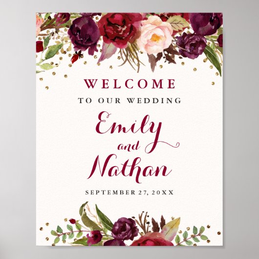 Poster Panneau de mariage floral avec confettis dorés et  (Devant)