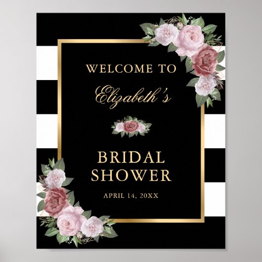 Poster Panneau de mariage floral doré noir et blanc (Devant)