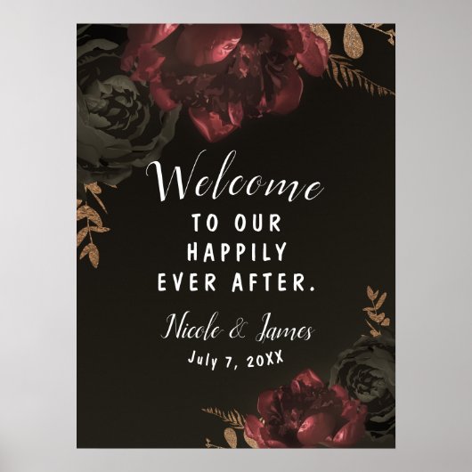 Poster Panneau de mariage floral foncé doré brun humeur (Devant)