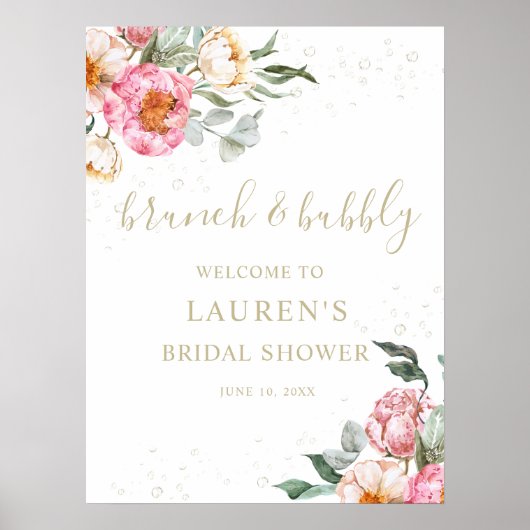 Poster Panneau de mariage floral rose Brunch et Bubbly (Devant)