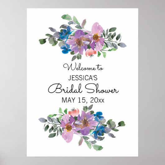 Poster Panneau de mariage floral rose violet prune blanc (Devant)