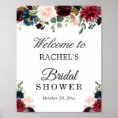 Poster Panneau de mariage floral rouge bordeaux rose bleu (Devant)