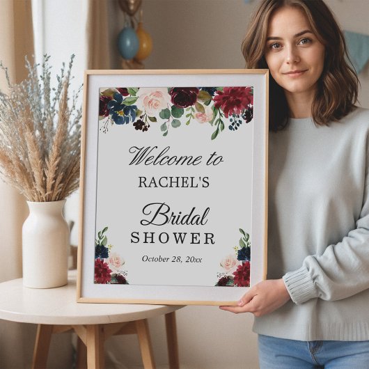 Poster Panneau de mariage floral rouge bordeaux rose bleu