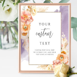 Poster Panneau de mariage floral violet pêche avec texte