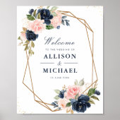 Poster Panneau de mariage géométrique floral Marine & blu (Devant)