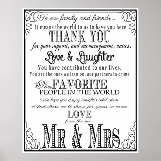 Poster Panneau de mariage Merci Noir & Blanc (Devant)