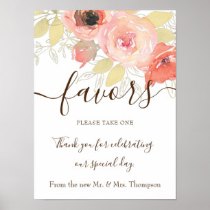 Poster Panneau de mariage Roses Rose Corail et Feuillage