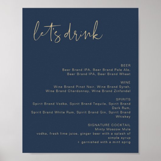 Poster Panneau de menu de bar CAITLIN Navy & Or Let's Dri (Devant)