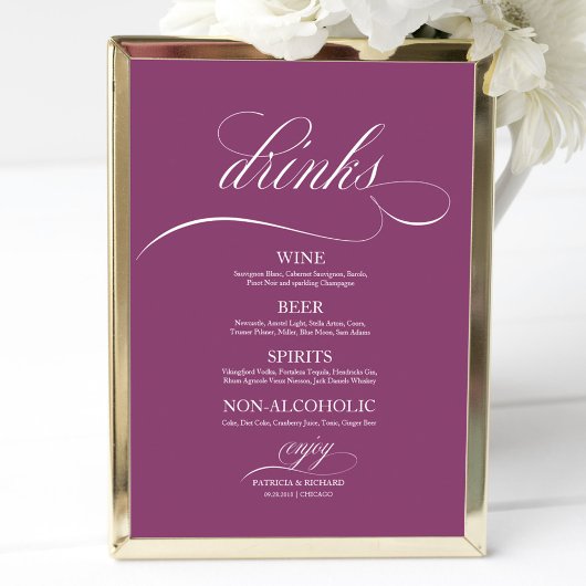 Poster Panneau de menu de bar de boissons de mariage Chic