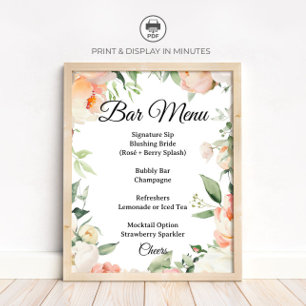 Poster Panneau de menu de bar de cocktail floral pour la