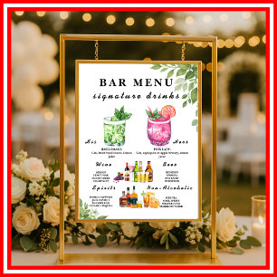 Poster Panneau de menu de bar de mariage avec verdure ver