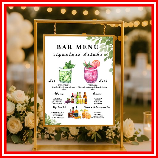 Poster Panneau de menu de bar de mariage avec verdure ver