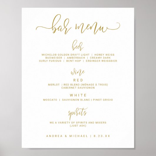Poster Panneau de menu de bar de mariage - Bounce Script (Devant)