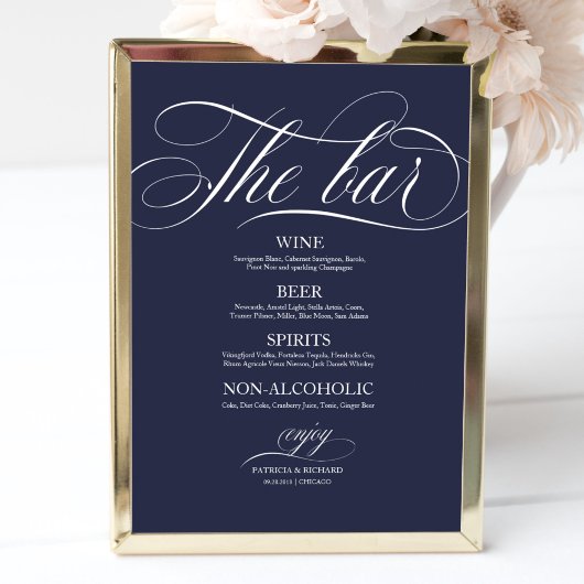 Poster Panneau de menu de bar de mariage chic bleu marine