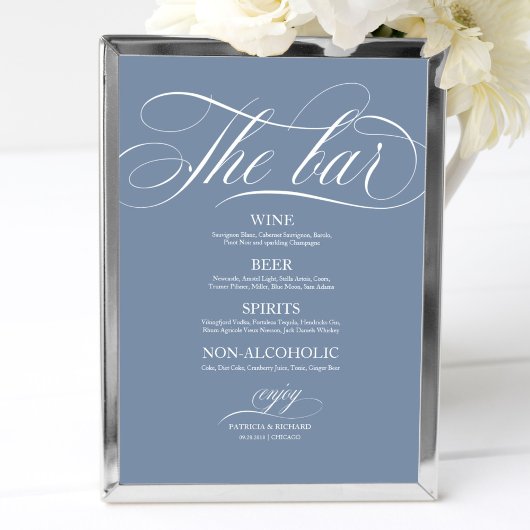 Poster Panneau de menu de bar de mariage Chic Bleu Poussi