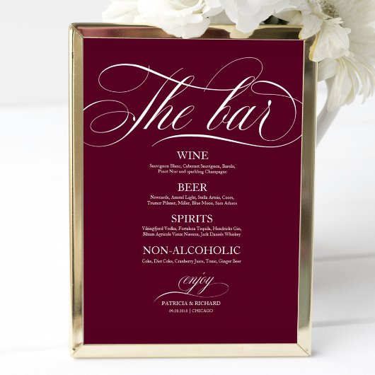 Poster Panneau de menu de bar de mariage Chic Bourgogne M