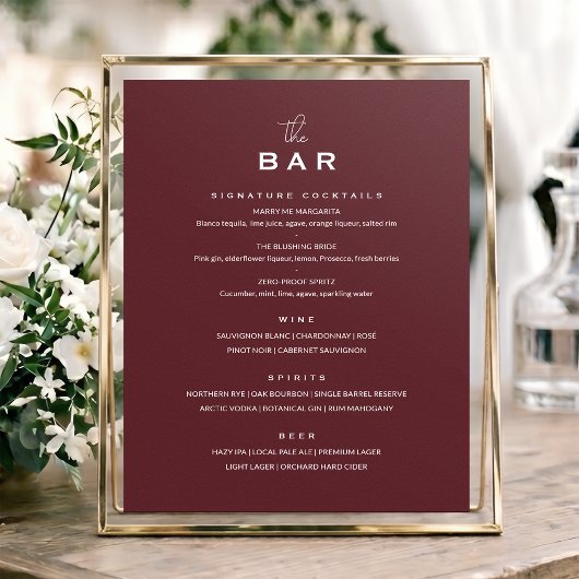 Poster Panneau de menu de bar de mariage classique chic m