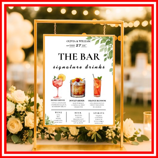 Poster Panneau de menu de bar de mariage de boisson de ve