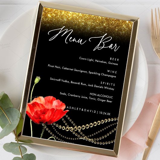 Poster Panneau de menu de bar de mariage élégant Glitter 