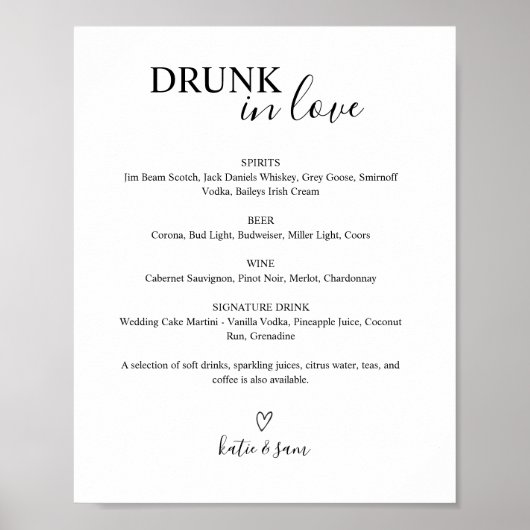 Poster Panneau de menu de bar de mariage imprimable Amour (Devant)