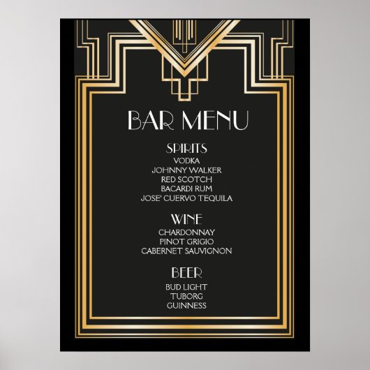 Poster Panneau de MENU de bar | Mariage inspiré de Gatsby (Devant)