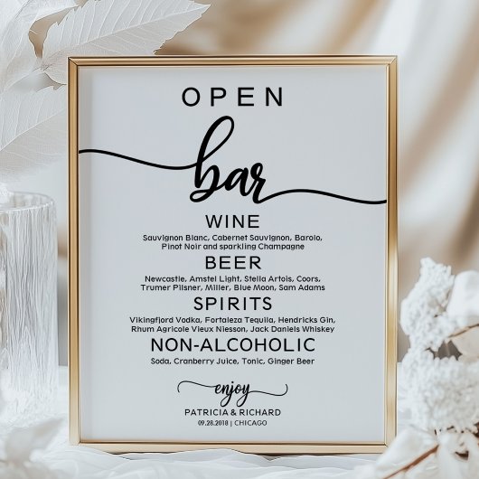 Poster Panneau de menu de bar ouvert de mariage calligrap