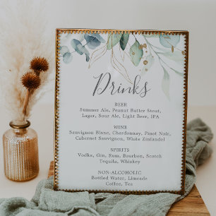Poster Panneau de menu de boissons de mariage à feuillage