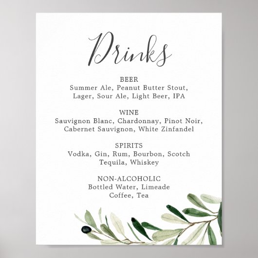 Poster Panneau de menu de boissons de mariage à la branch (Devant)