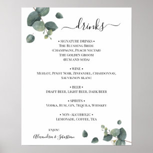 Poster Panneau de menu de boissons de mariage à la verdur