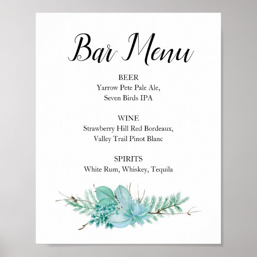 Poster Panneau de menu de boissons de mariage à la verdur (Devant)