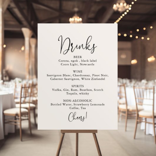 Poster Panneau de menu de boissons de mariage à l'écritur