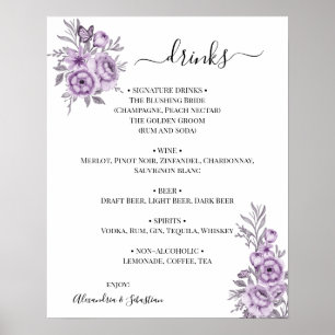 Poster Panneau de menu de boissons de mariage à l'orchidé