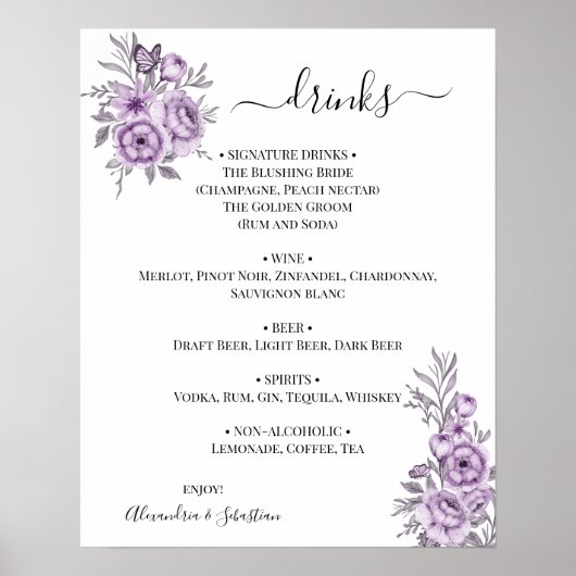 Poster Panneau de menu de boissons de mariage à l'orchidé (Devant)
