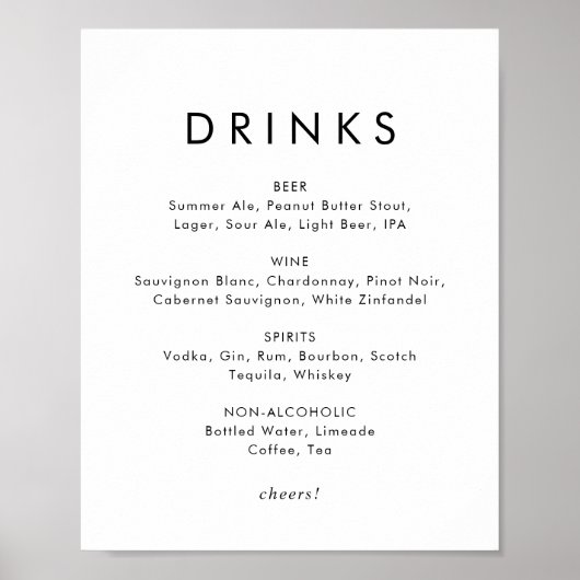 Poster Panneau de menu de boissons de mariage à typograph (Devant)