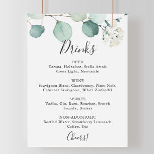 Poster Panneau de menu de boissons de mariage au eucalypt