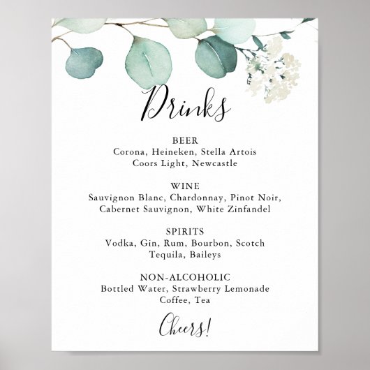 Poster Panneau de menu de boissons de mariage au eucalypt (Devant)
