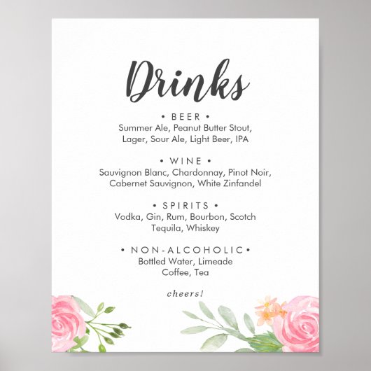Poster Panneau de menu de boissons de mariage aux pivoine (Devant)