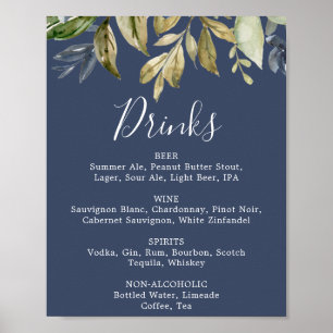 Poster Panneau de menu de boissons de mariage bleu marine