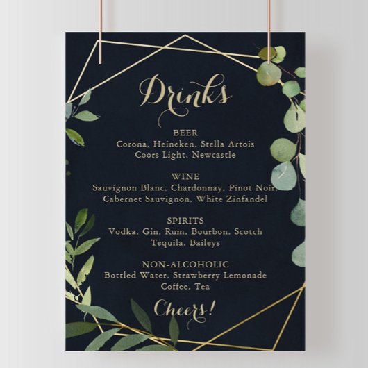 Poster Panneau de menu de boissons de mariage bleu vert o