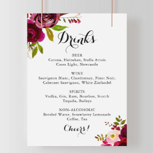 Poster Panneau de menu de boissons de mariage bordeaux bl