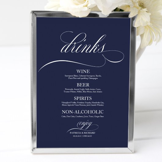Poster Panneau de menu de boissons de mariage chic bleu m
