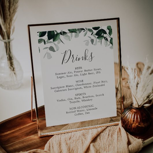 Poster Panneau de menu de boissons de mariage de verdure 