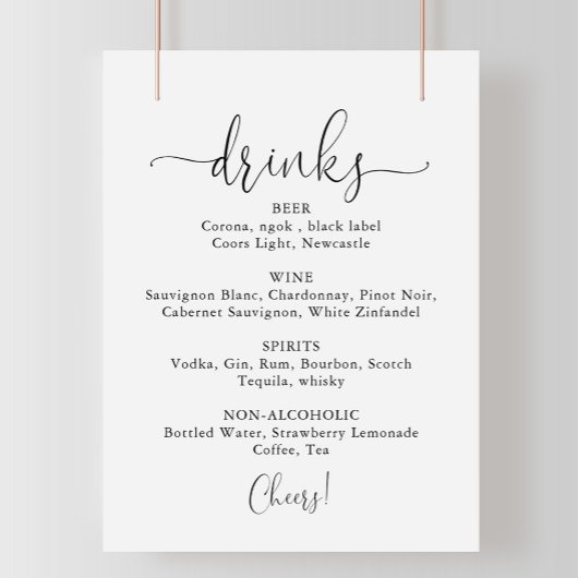 Poster Panneau de menu de boissons de mariage écriture él
