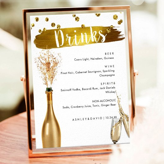 Poster Panneau de menu de boissons de mariage en or éléga