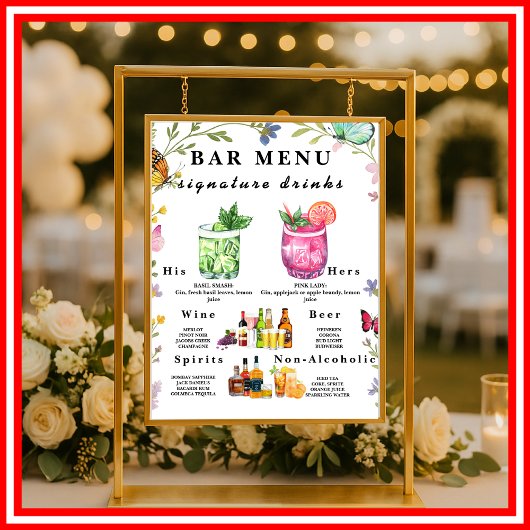 Poster Panneau de Menu de Boissons de Mariage Fleur de Bo