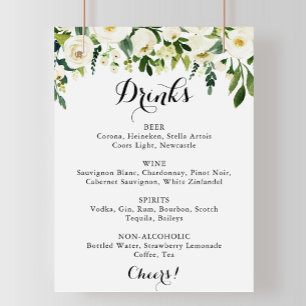 Poster Panneau de menu de boissons de mariage floral blan